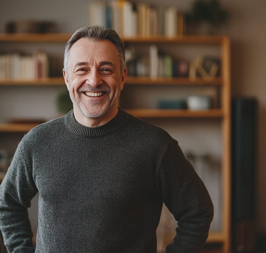 A man grinning in a living room | Source: Midjourney