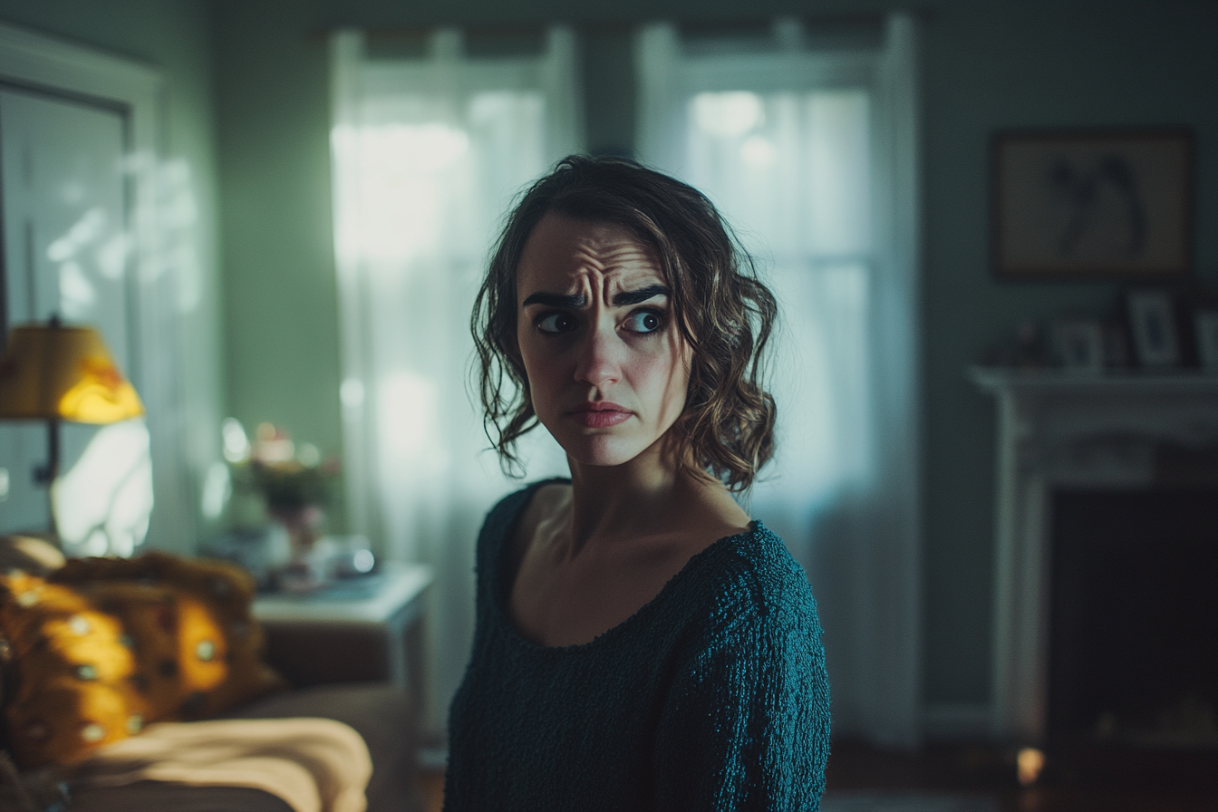 A woman in a living room looking worried | Source: Midjourney