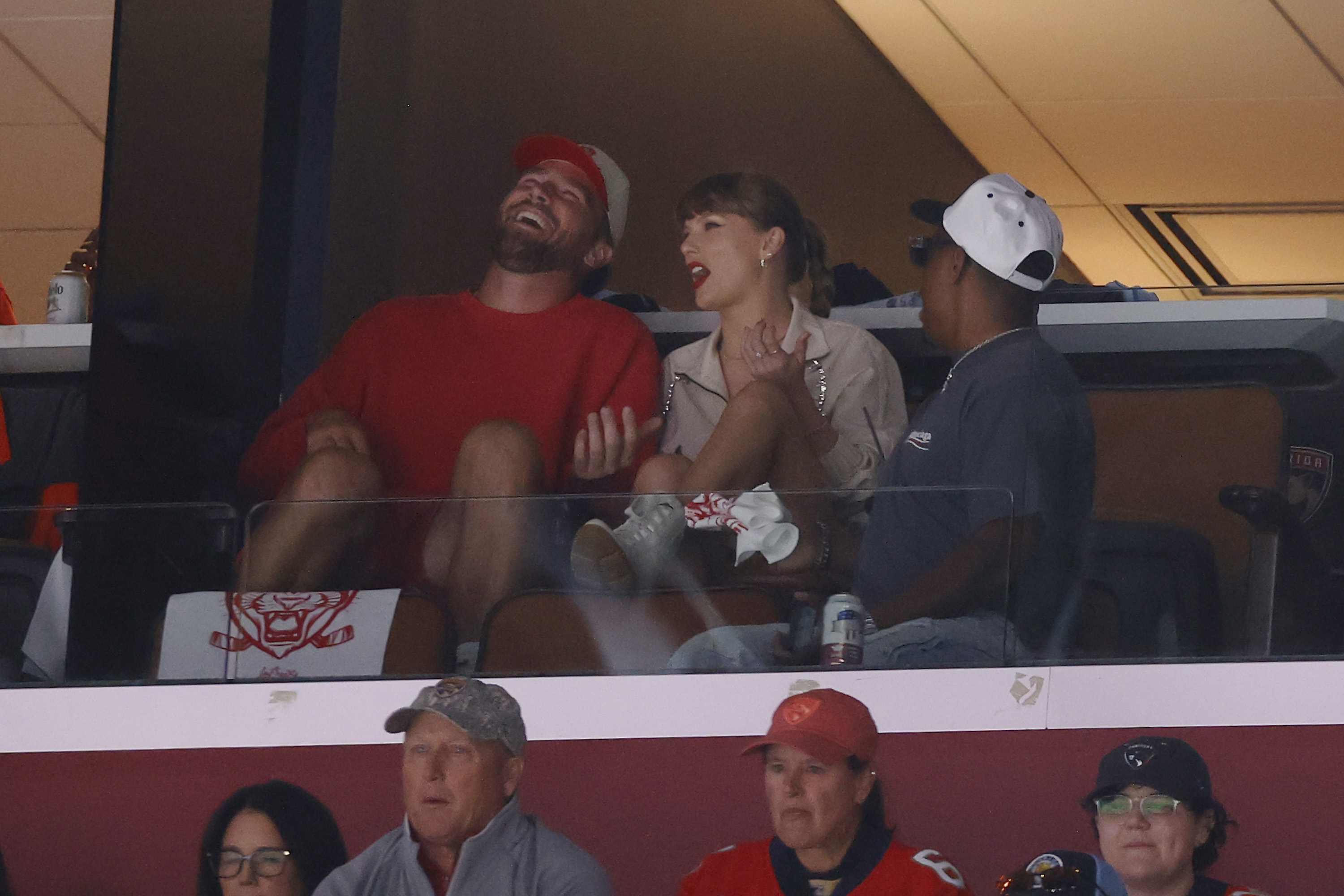 Travis Kelsey and Taylor Swift watch game 4 of the Stanley Cup Final between the Florida Panthers and the Edmonton Oilers in Game Four of the 2025 Stanley Cup Final at the Amerant Bank Arena on June 12, 2025, in Sunrise, Florida. | Source: Getty Images