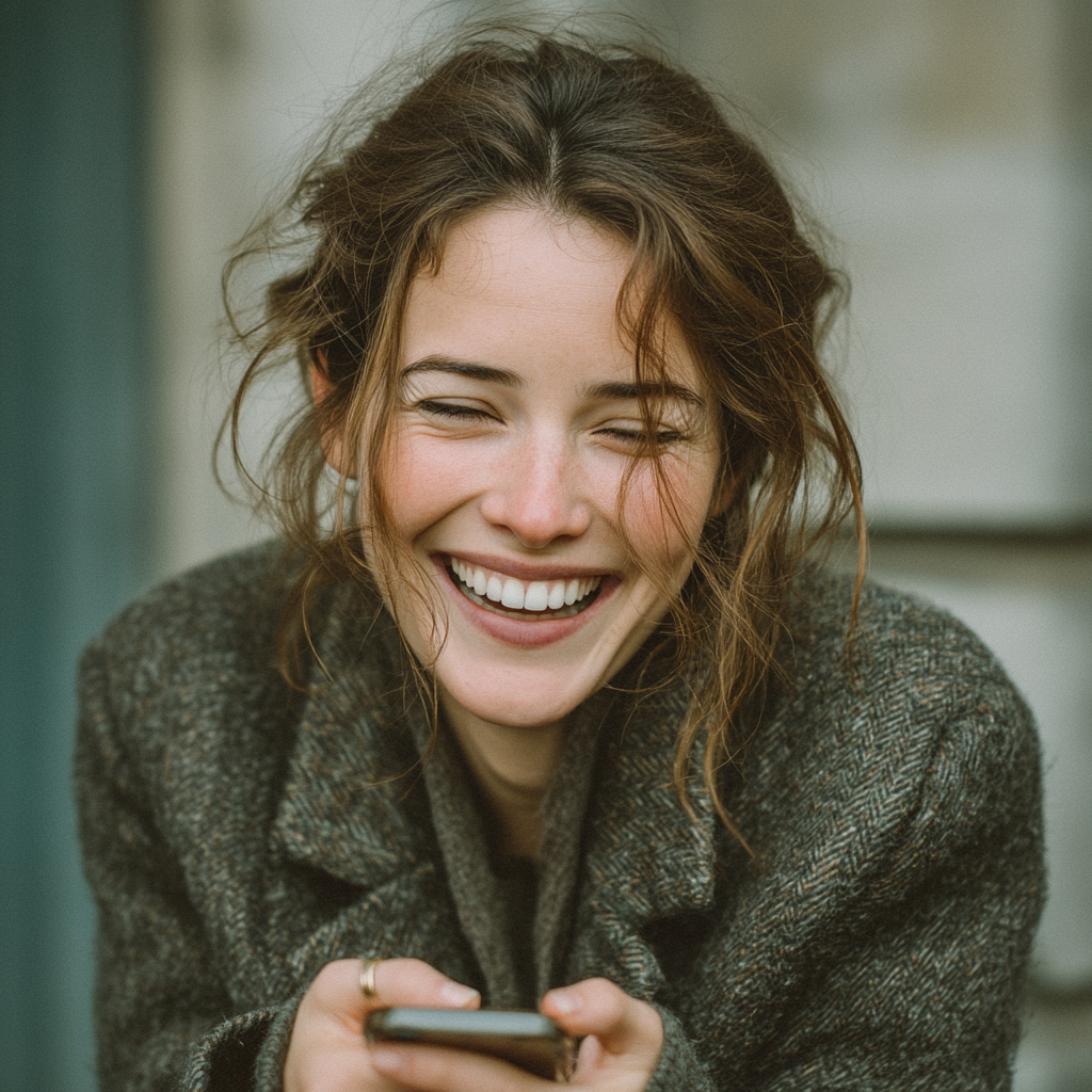 A woman laughing while holding her phone | Source: Midjourney
