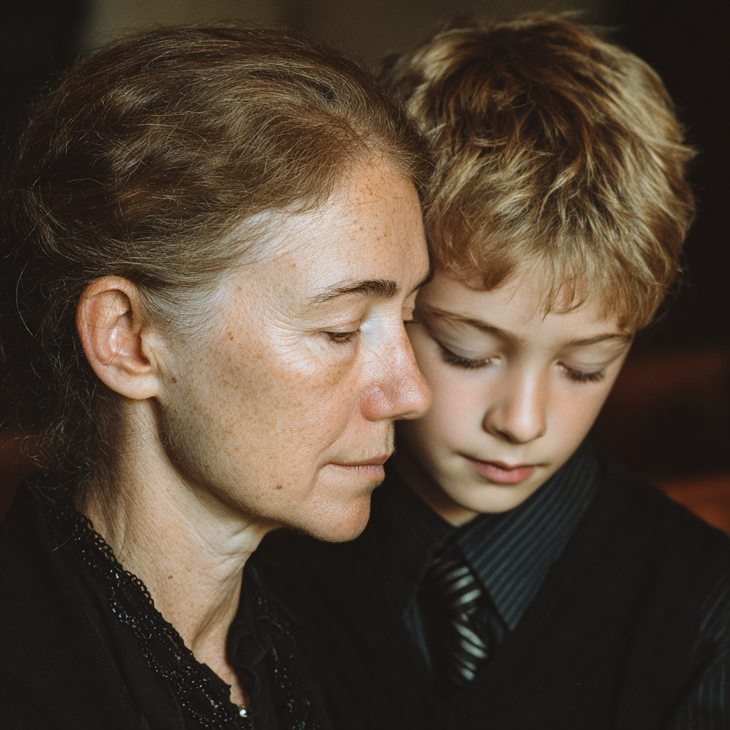 A woman comforting a boy at a funeral | Source: Midjourney