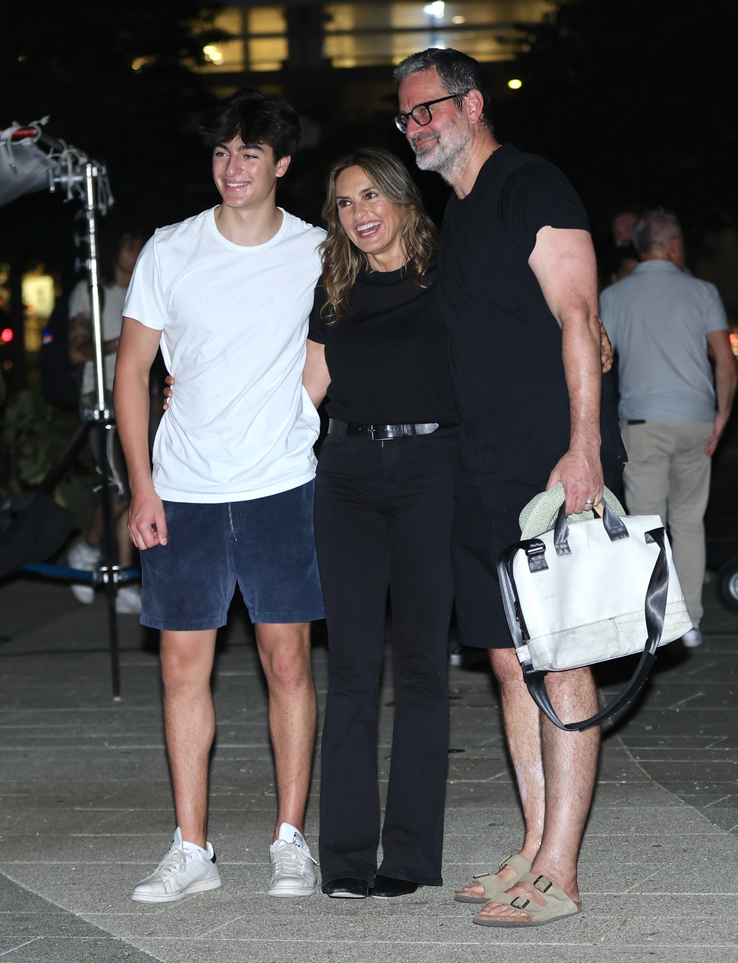 August Hermann, Mariska Hargitay, and Peter Hermann are seen on the set of "Law and Order: Special Victims Unit" on July 29, 2025, in New York City. | Source: Getty Images
