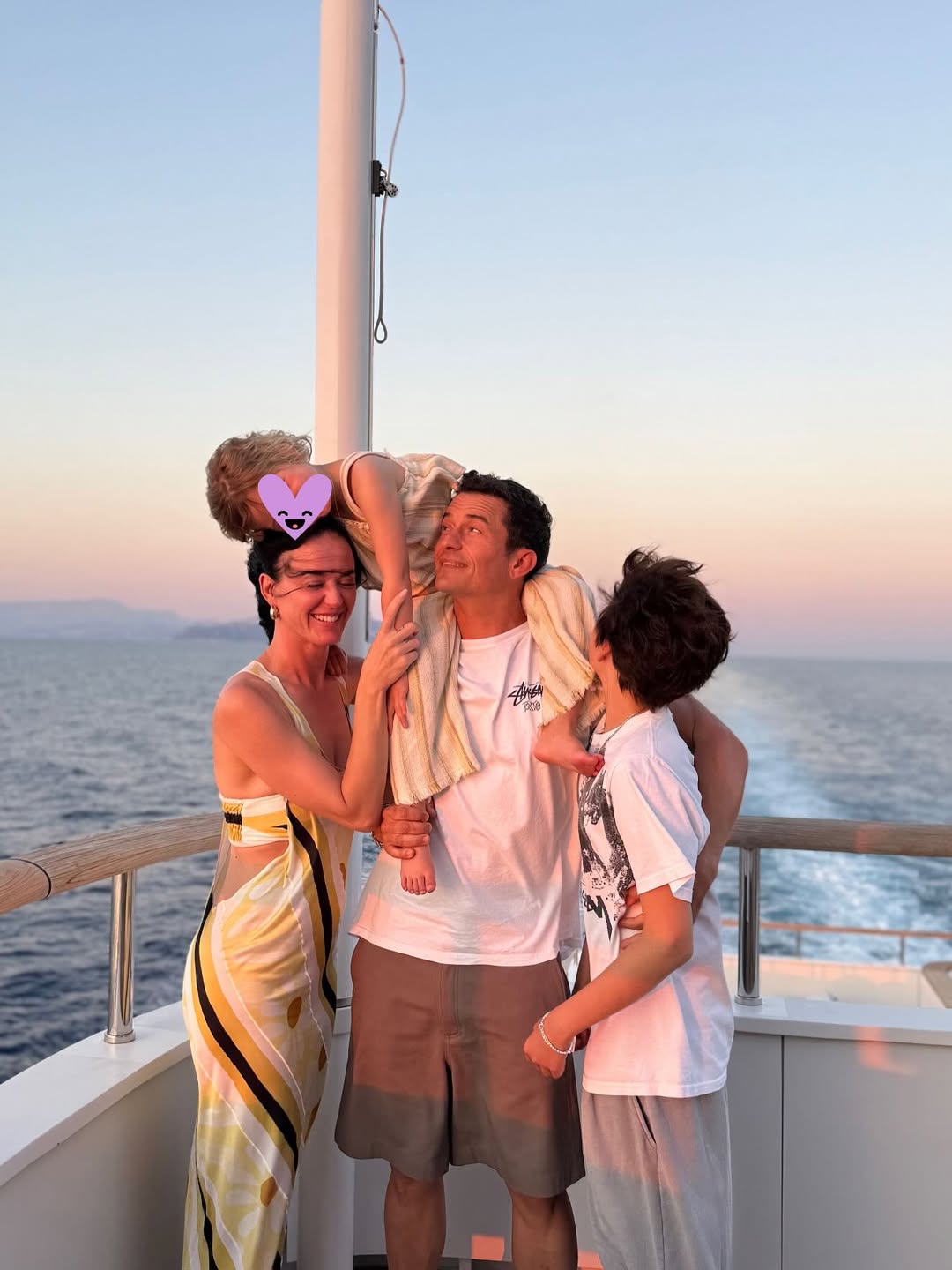 Orlando Bloom with ex Katy Perry, daughter Daisy, and son Flynn in a photo posted on July 9, 2025. | Source: Instagram/orlandobloom