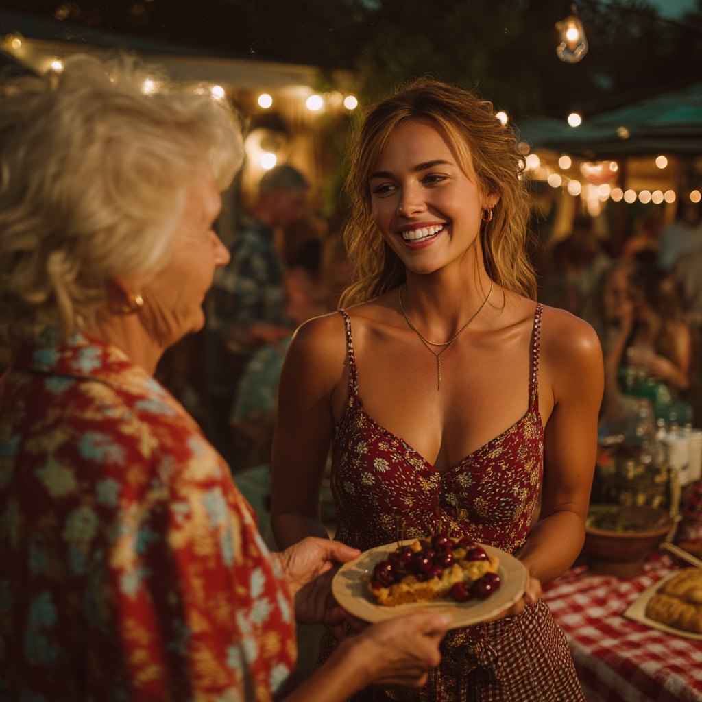 A woman handing over a cherry cobbler | Source: Midjourney