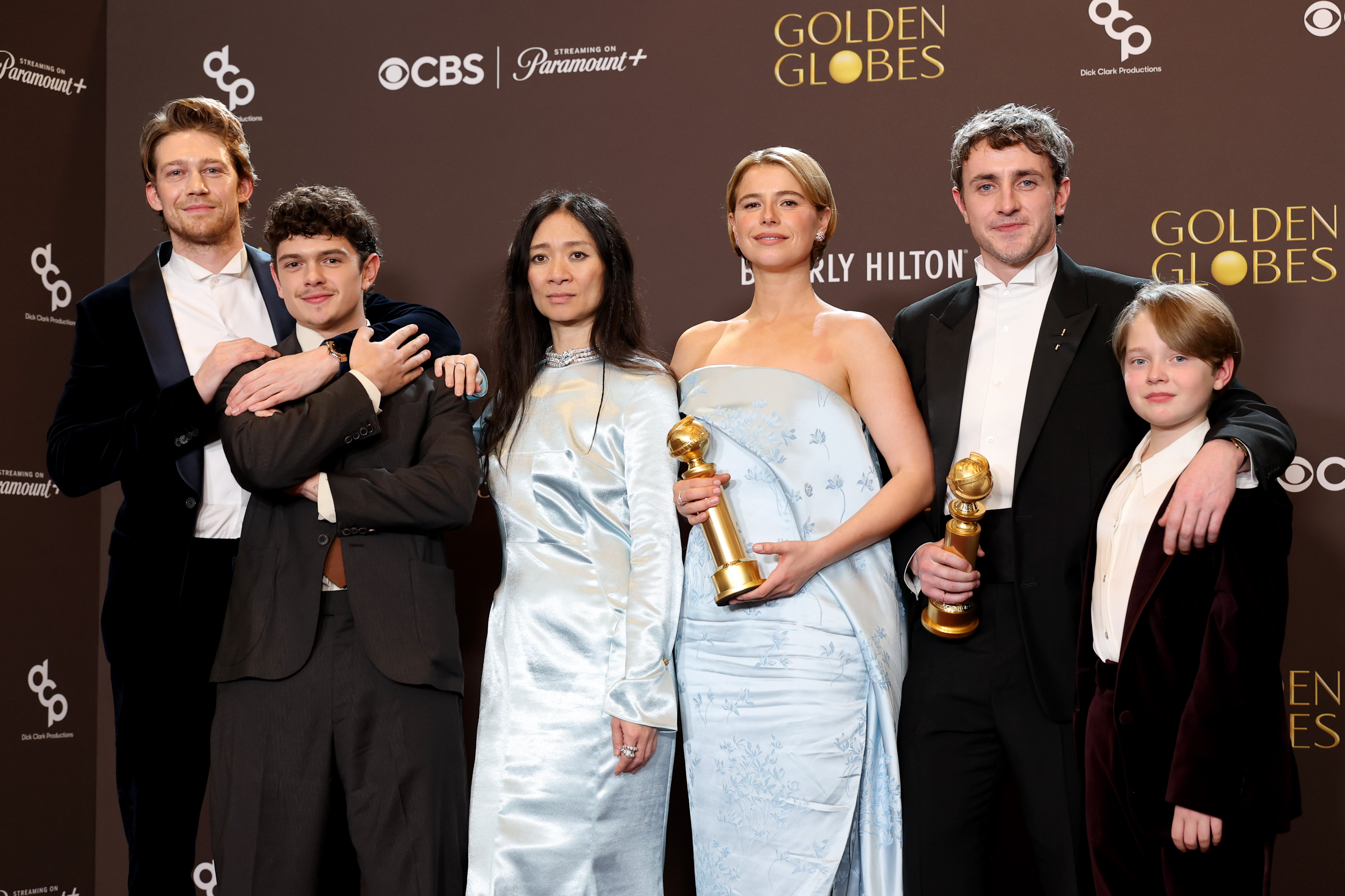 Joe Alwyn, Noah Jupe, Chloé Zhao, Jessie Buckley, Paul Mescal and Jacobi Jupe, winners of the Best Motion Picture - Drama Award for "Hamnet" in the press room during the 83rd Annual Golden Globe Awards at The Beverly Hilton on January 11, 2026 | Source: Getty Images