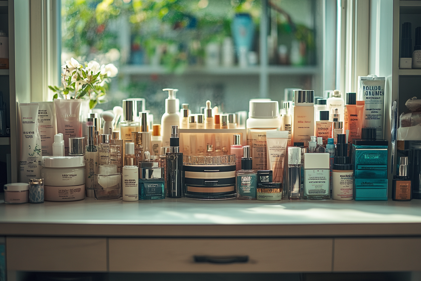Vaidade repleta de produtos de beleza | Fonte: Midjourney