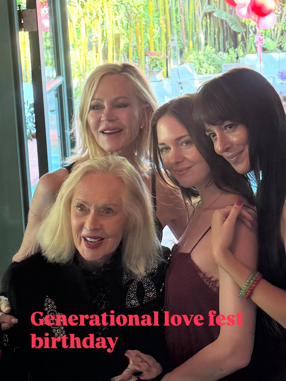 Melanie Griffith, Tippi Hedren, Stella Bandera, and Dakota Johnson pose together in a photo shared on Sunday, August 10, 2025. | Source: Instagram/loreerodkin