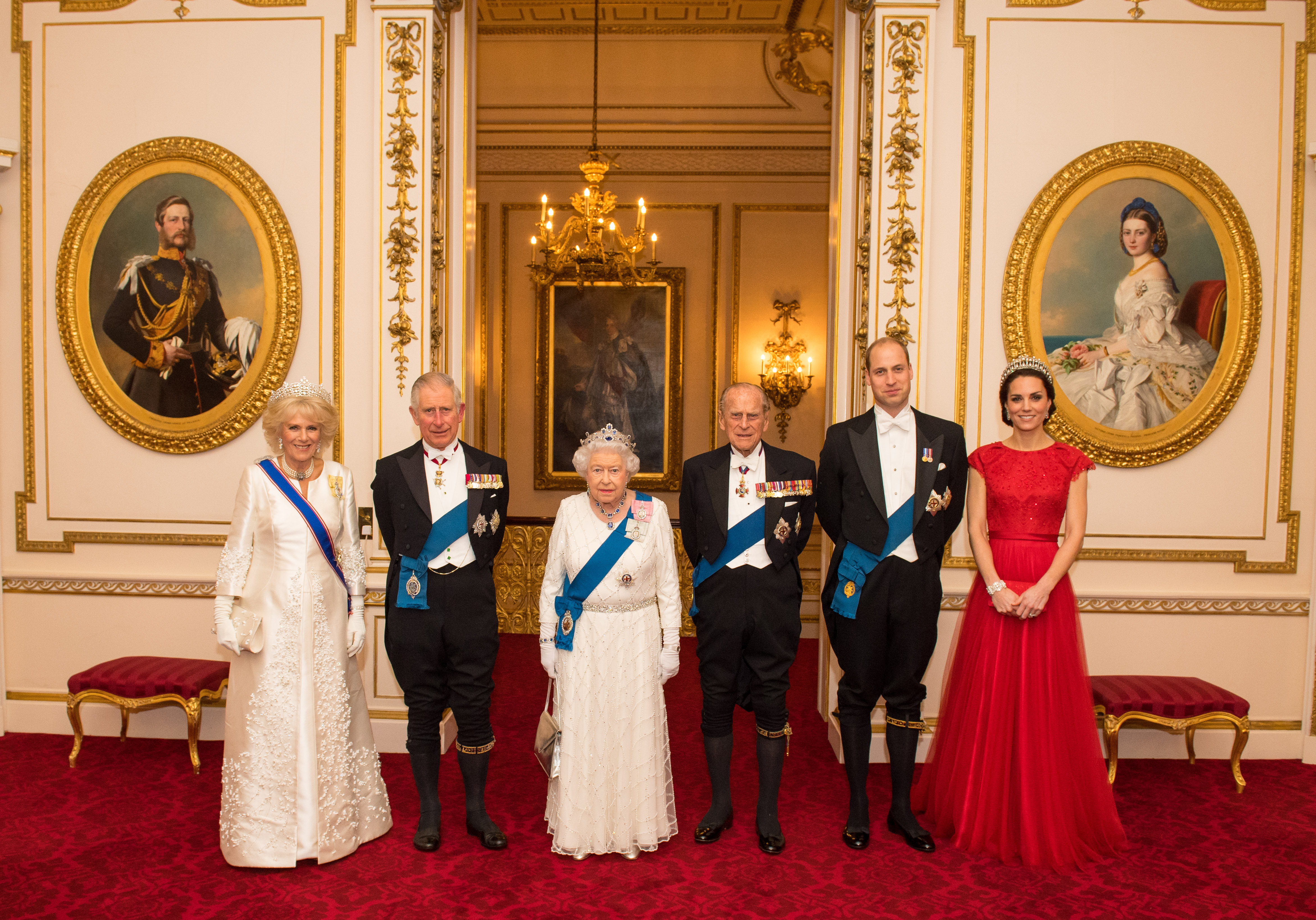 Camilla, Duchess of Cornwall, Prince Charles, Prince of Wales, Queen Elizabeth II, Prince Philip, Duke of Edinburgh, Prince William, Duke of Cambridge and Catherine, Duchess of Cambridge arrive for the annual evening reception for members of the Diplomatic Corps at Buckingham Palace on December 8, 2016 in London, England. | Source: Getty Images