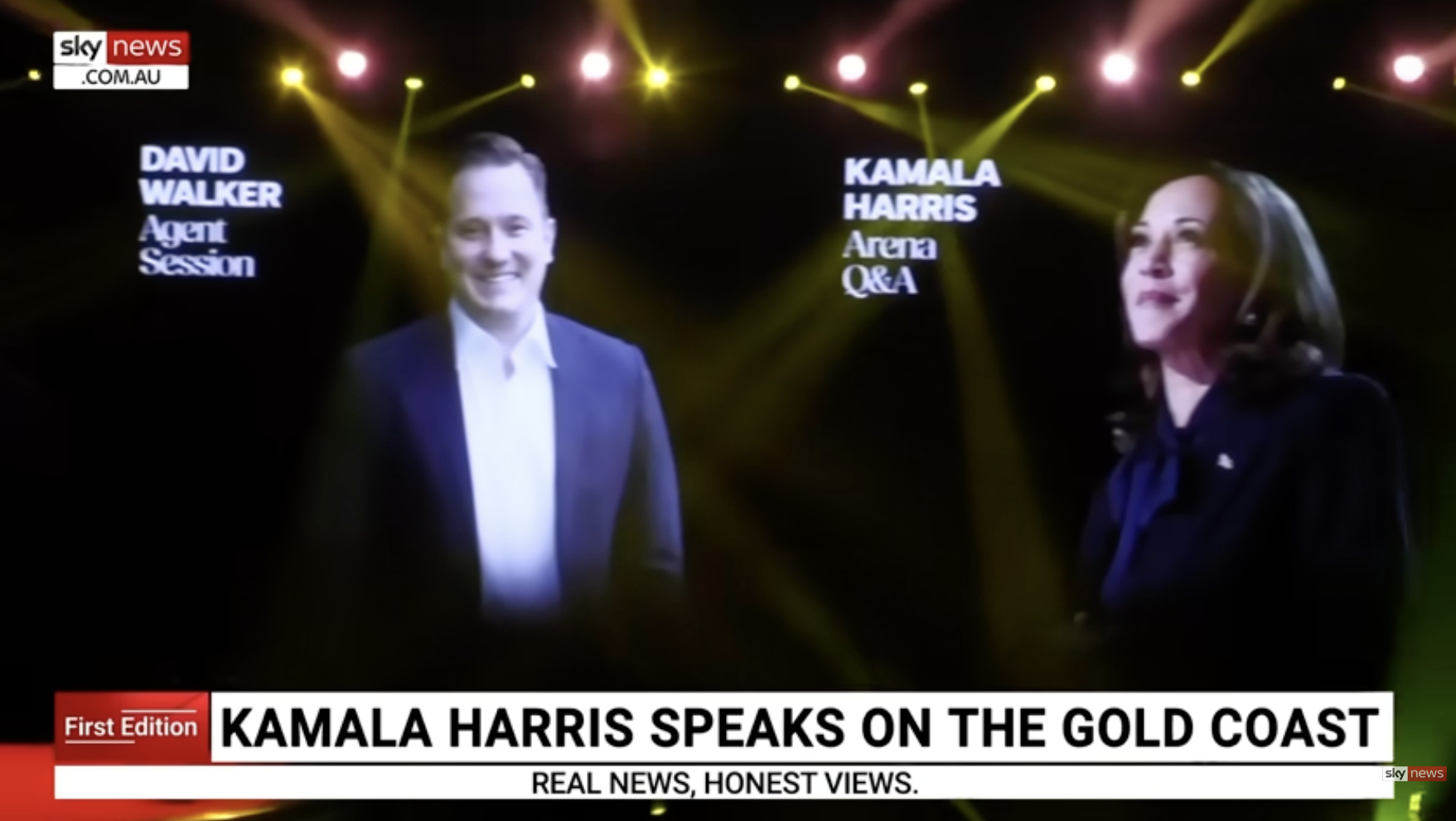 Kamala Harris' photo flashed on screen at the Australasia Real Estate Conference 2025 in Gold Coast, Australia on May 25, 2025 | Source: YouTube/Sky News Australia