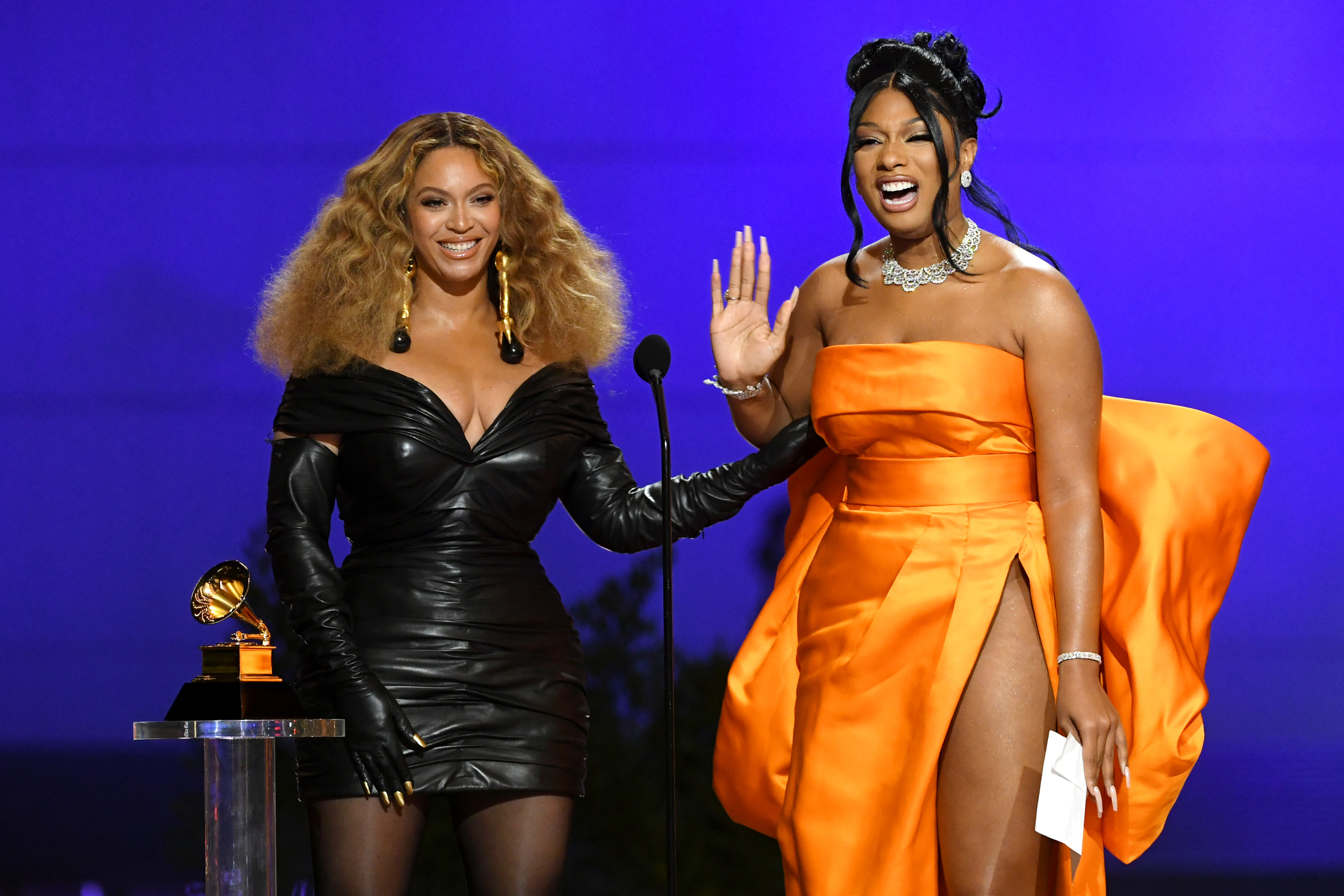 Beyoncé and Megan Thee Stallion onstage during the 63rd Annual Grammy Awards on March 14, 2021, in Los Angeles, California. | Source: Getty Images