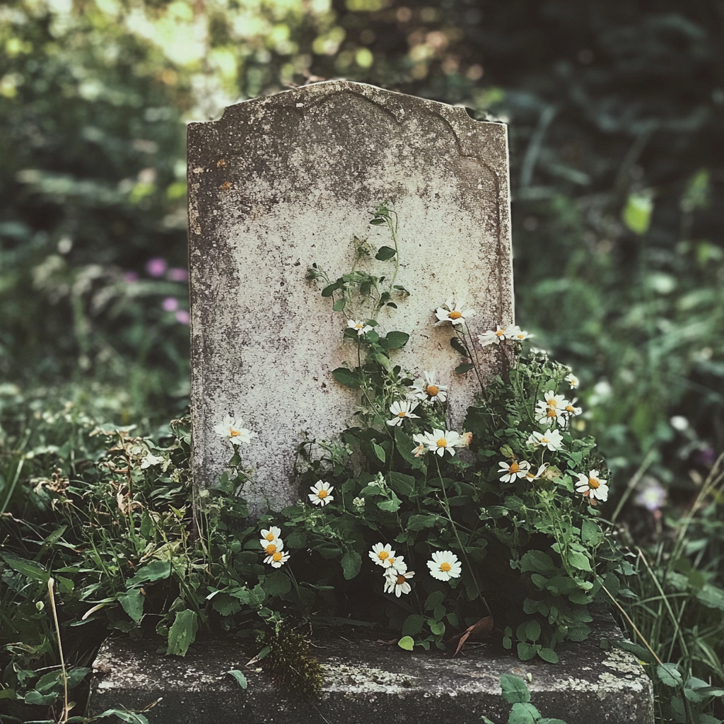 A tombstone with wildflowers growing around it | Source: Midjourney