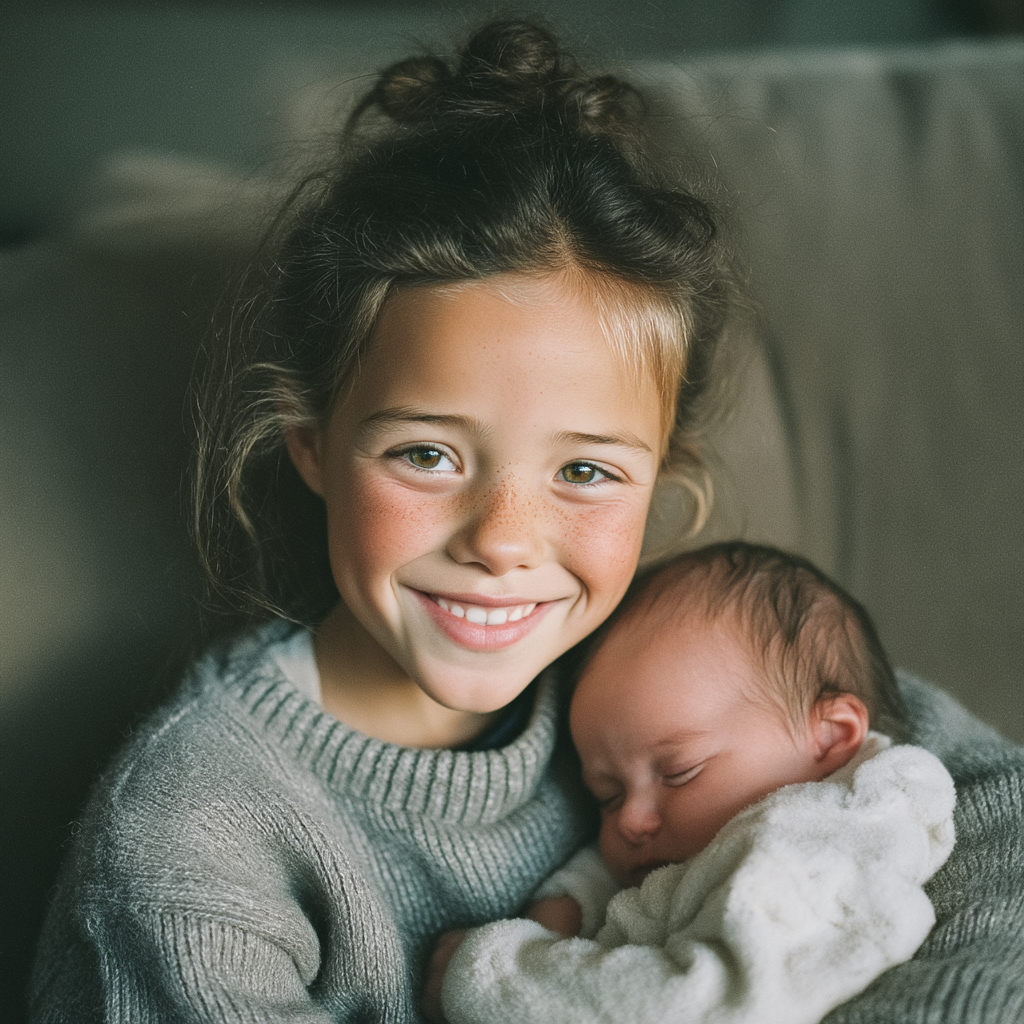 A happy girl holding her baby brother | Source: Midjourney