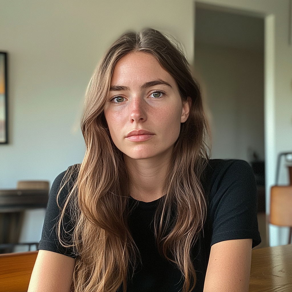 A close up of a woman sitting at a dining table | Source: Midjourney