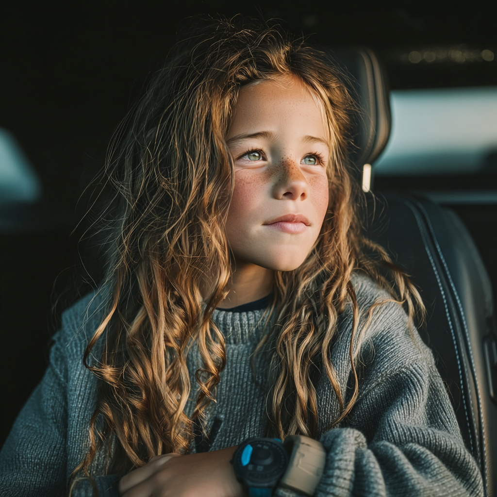 A child looking out from in the backseat of a car | Source: Midjourney